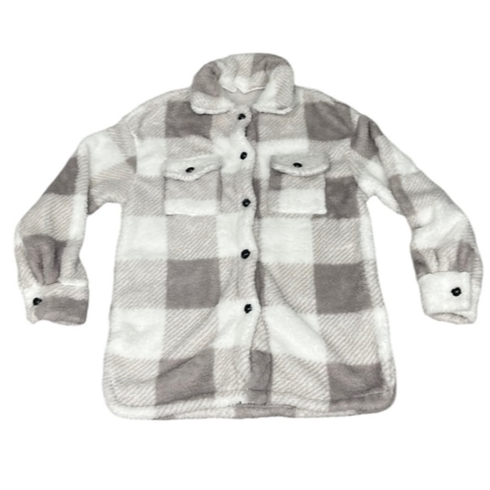 Women’s Plaid Sherpa Grey White with Buttons Sweater Jacket Lounge